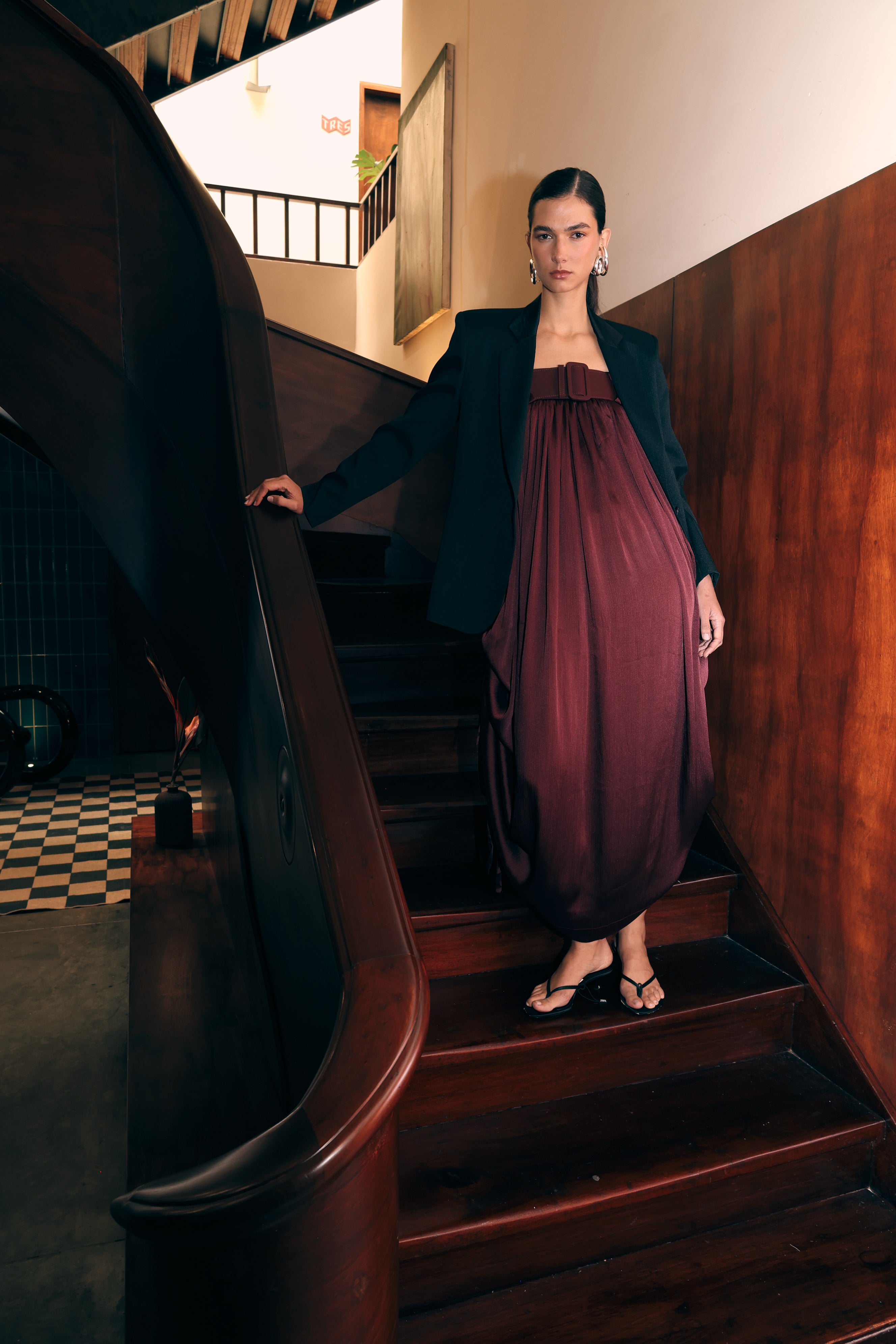 TEXTURE BALLOON LONG DRESS WITH BELT