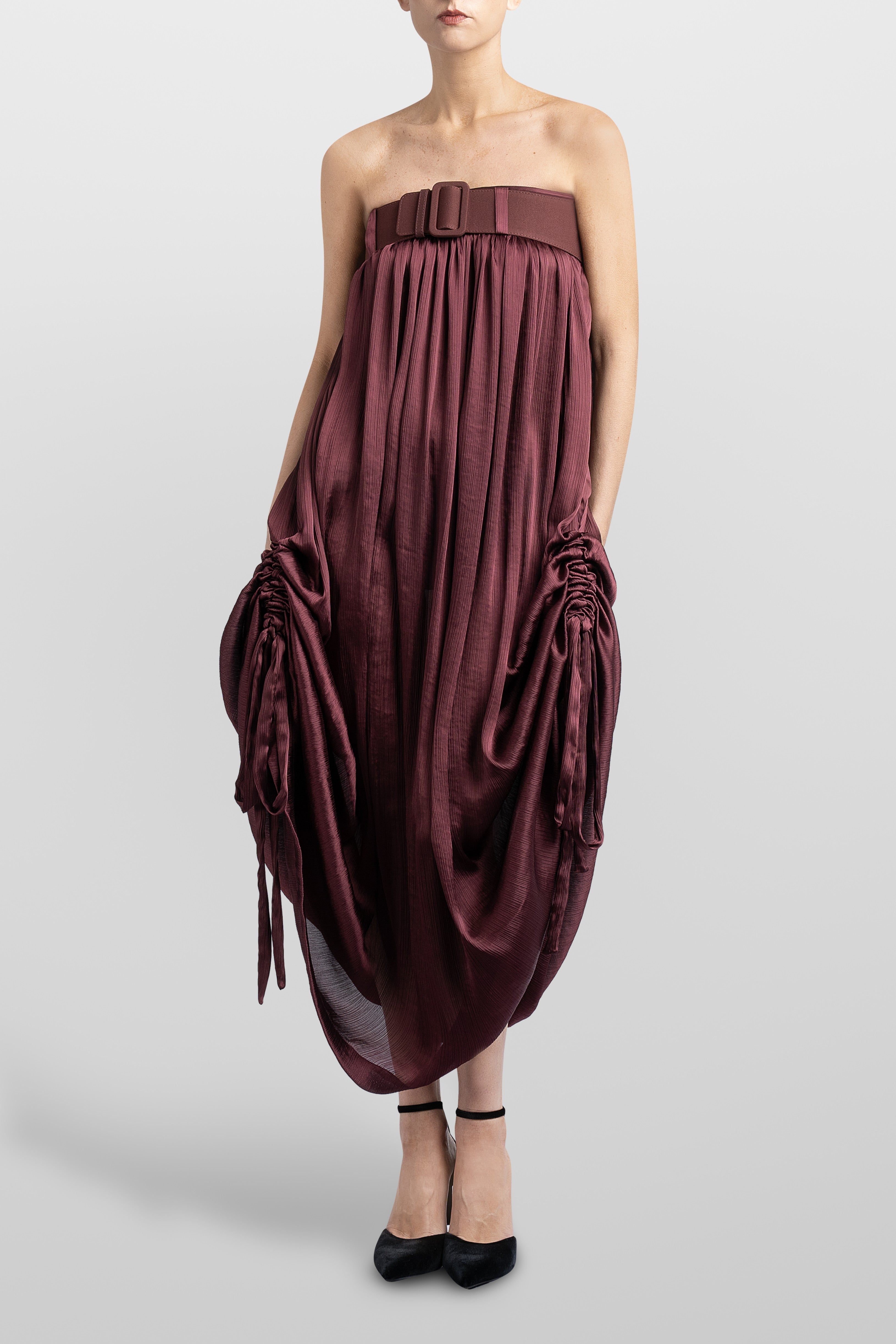 TEXTURE BALLOON LONG DRESS WITH BELT