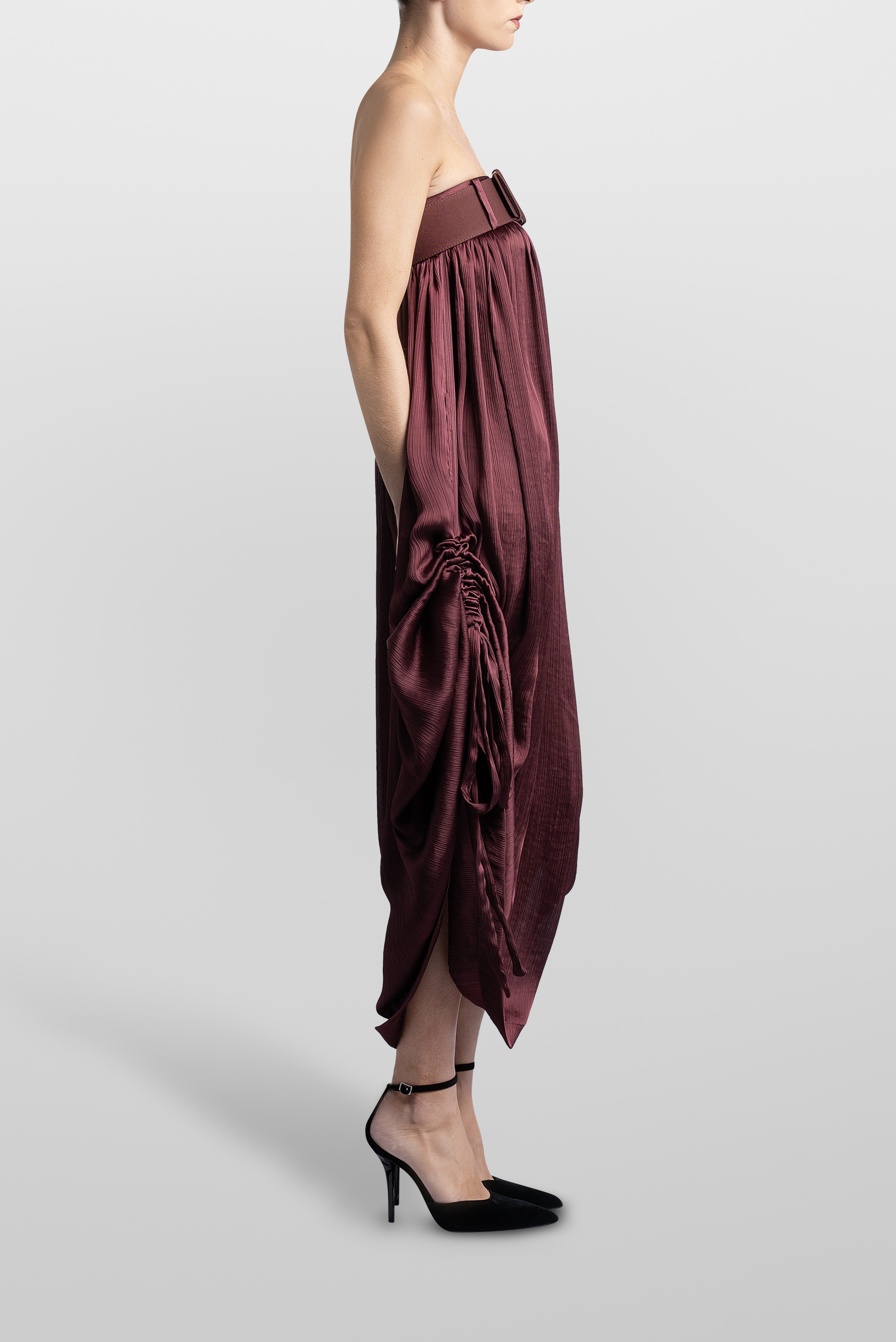 TEXTURE BALLOON LONG DRESS WITH BELT